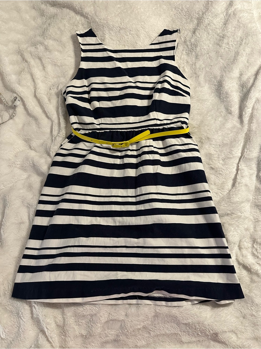 The Limited Navy and White Striped Sleeveless Dress with Yellow Belt